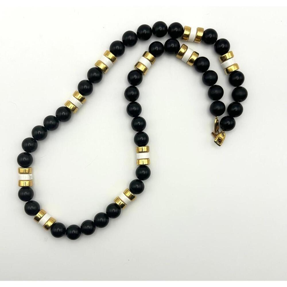 Statement Napier Necklace Black Gold White Bead 24 Inch